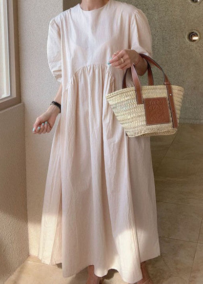 Khaki O Neck Wrinkled Patchwork Cotton Dresses Summer