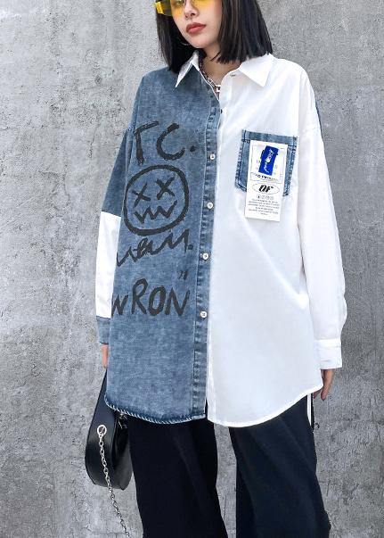 Letter Tunics for Lapel Patchwork Knee Spring Blouses