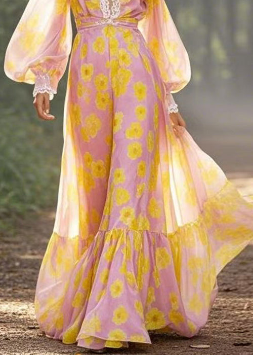 Yellow V Neck Print Chiffon Maxi Dresses Spring