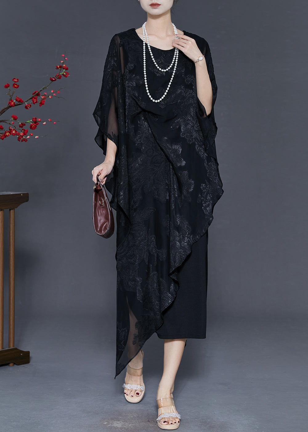 Black Cold Shoulder Jacquard Silk Dresses Summer