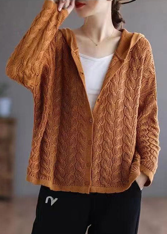 Organic Caramel Loose Hooded Button Fall Knit Knit Sweater