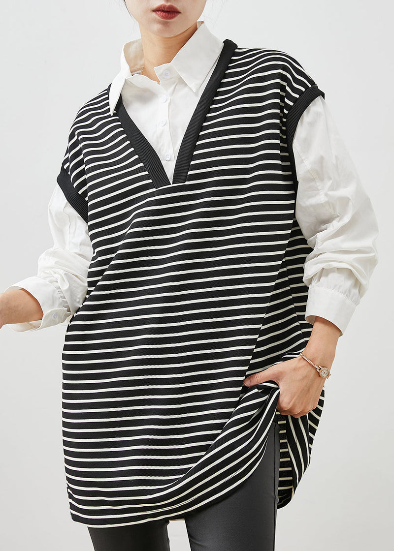 Black Striped Patchwork Cotton Shirt Dress Spring