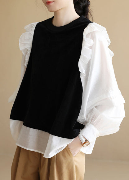 Unique Black White O-neck Ruffles Patchwork Cotton Fake Two Piece Shirt Long Sleeve