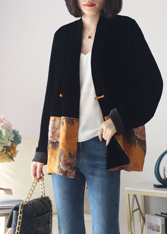 Italian Black Button V Neck Print Patchwork Silk Coats Long Sleeve Spring