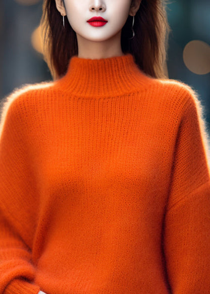 Simple Orange Turtleneck Cotton Knit Top Long Sleeve