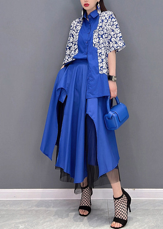 Blue Peter Pan Collar Asymmetrical Design Tulle Patchwork Shirt and Skirt Two Pieces Sets Summer
