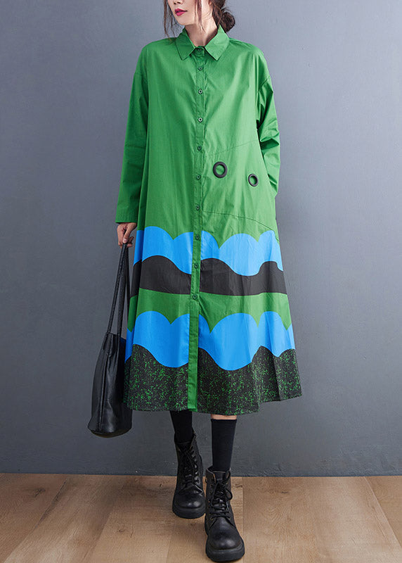 Green Peter Pan Collar Button Print Shirt Dress Spring