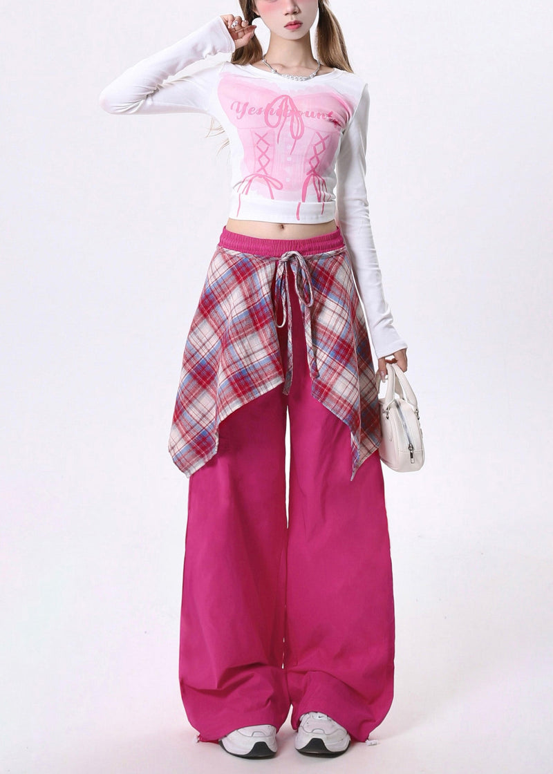 Rose Elastic Waist Patchwork Exra Large Hem Cotton Pants Spring