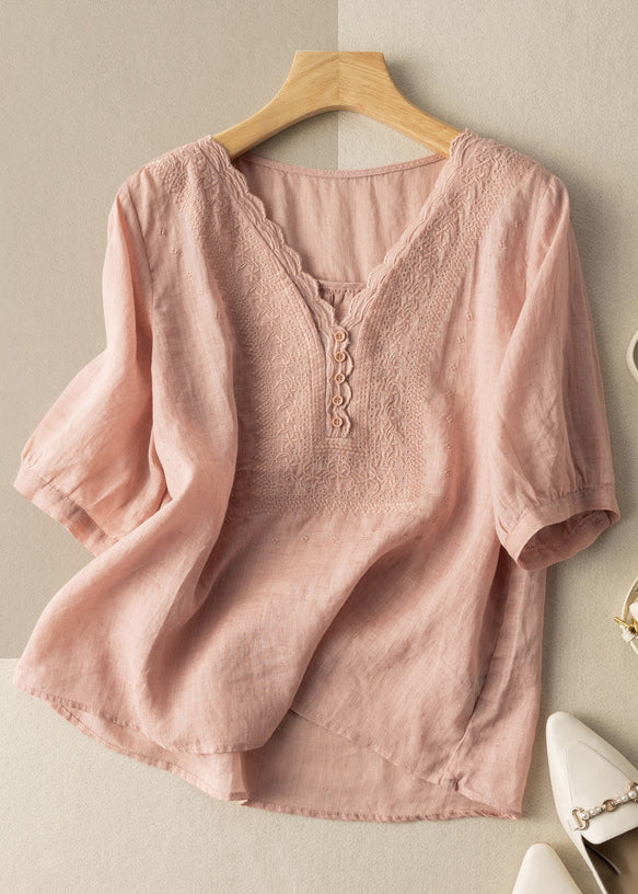 Simple Blue V Neck Linen Shirts Half Sleeve