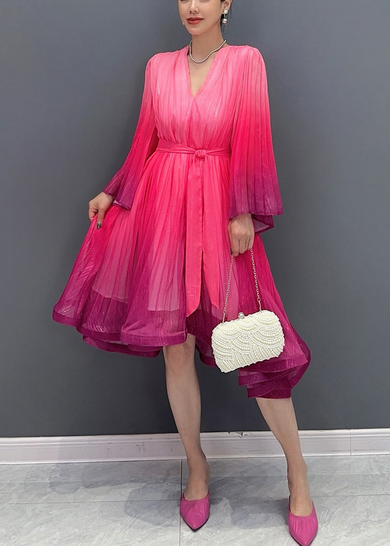 Red V Neck Layered Cotton Long Dresses Fall