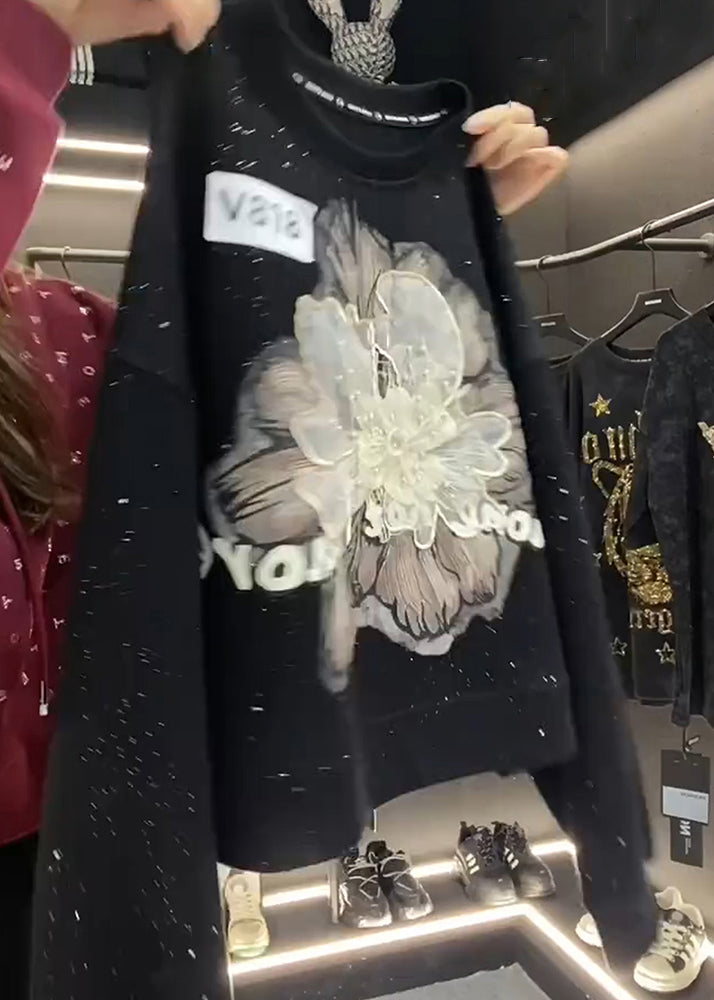 New Black O Neck Print Cotton T Shirts Fall