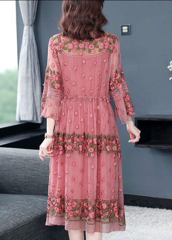 Pink Embroideried Lace Up Silk Robe Dresses Flare Sleeve