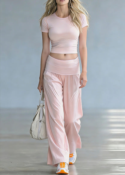 Pink O-neck Top and Wide Leg Pants Short Sleeve