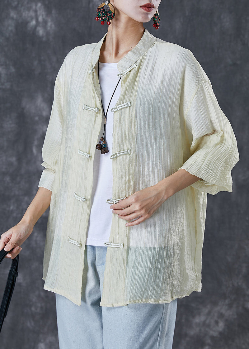 Light Yellow Mandarin Collar Chinese Button Wrinkled Cotton Shirt Fall