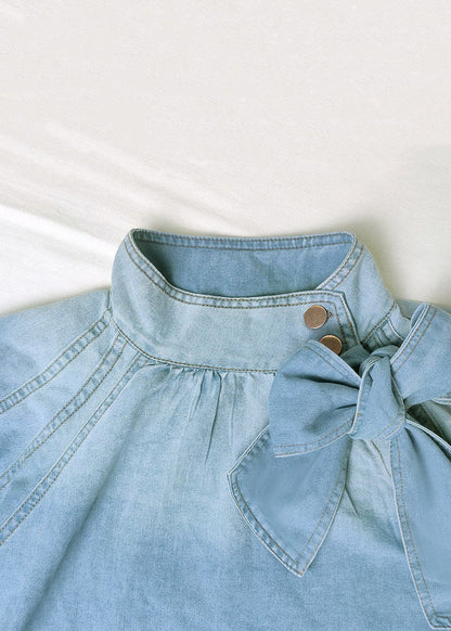 Loose Blue Stand Collar Lace Up Denim Shirt Lantern Sleeve Summer