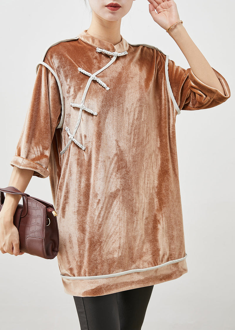 Khaki Mandarin Collar Chinese Button Silk Velour Shirt Top Half Sleeve