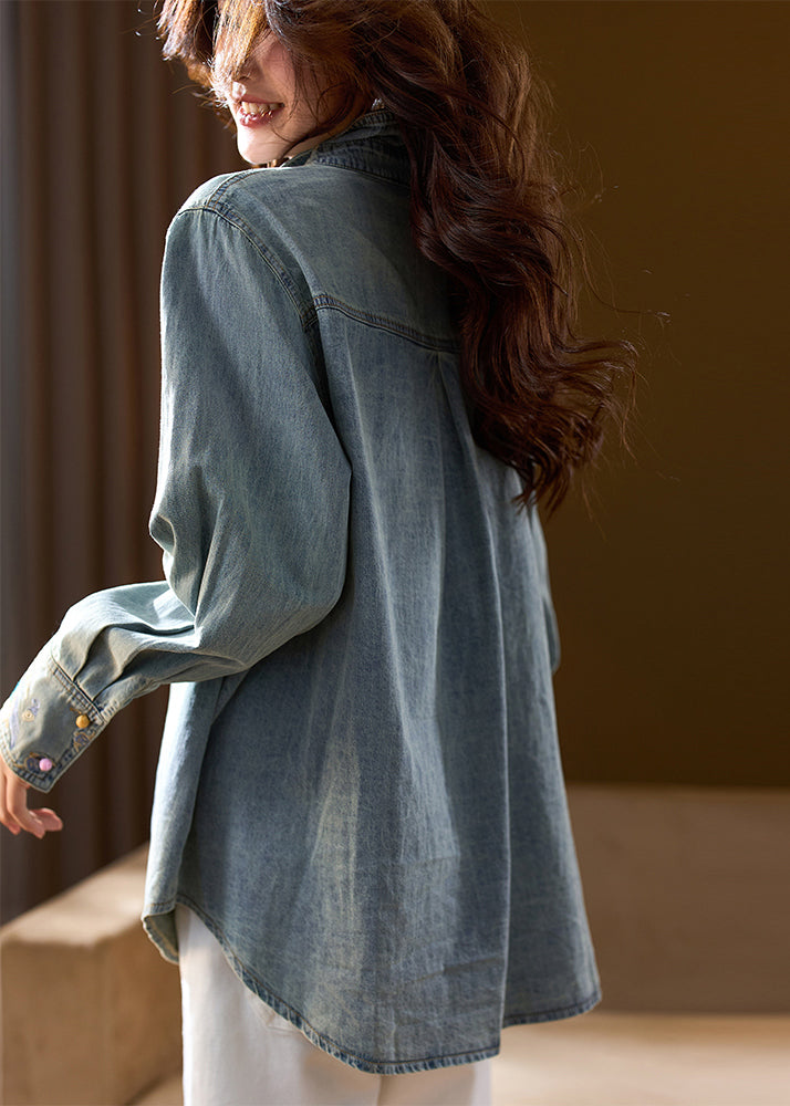 Organic Blue Peter Pan Collar Embroidered Denim Coat Top Spring