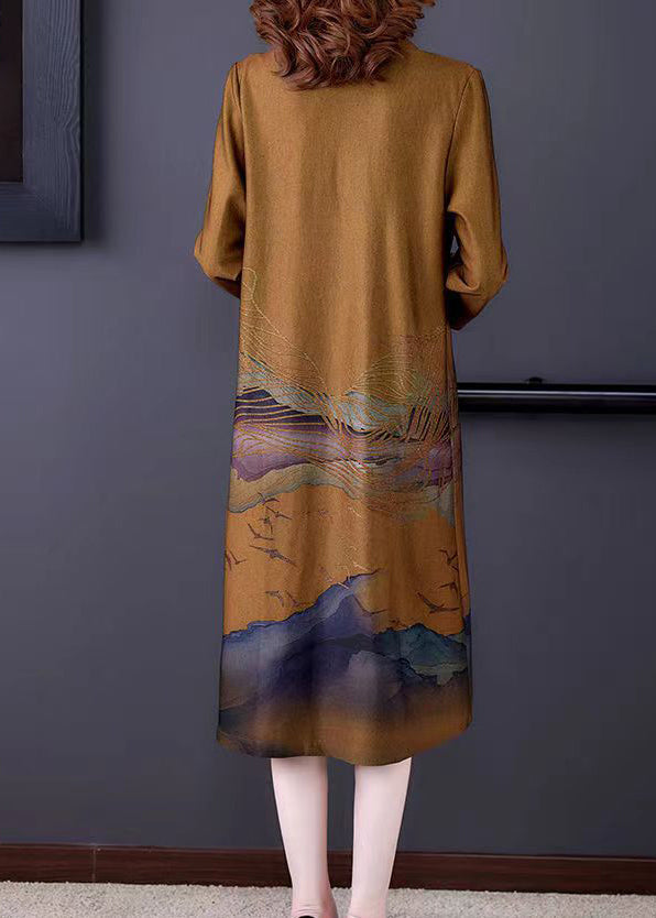 Italian Yellow Stand Collar Print Silk Trench Coats and Dress Two Piece Set Long Sleeve