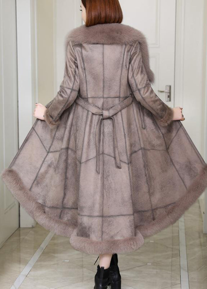 French Khaki Fur Collar Tie Waist Leather and Fur Coat Winter