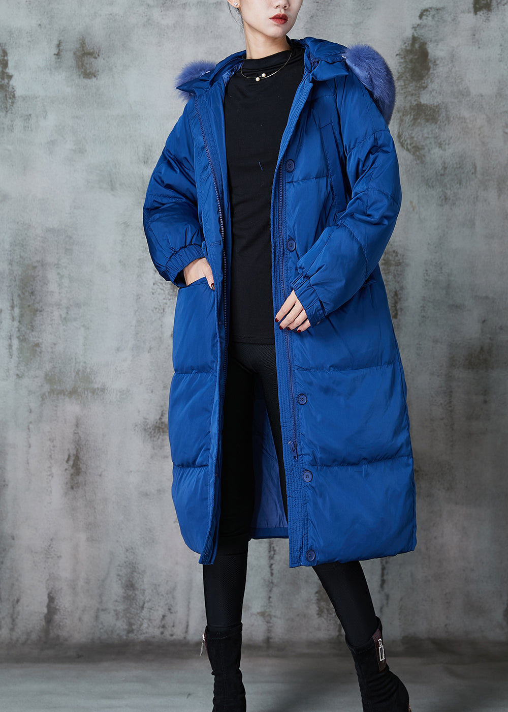Blue Oversized Cotton Blend Puffers Jackets Winter