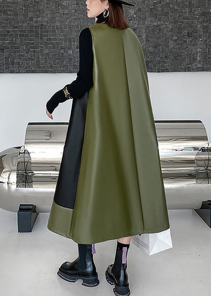 Style Army Green O-neck Patchwork Zippered Party Long Waistcoat Dress Spring