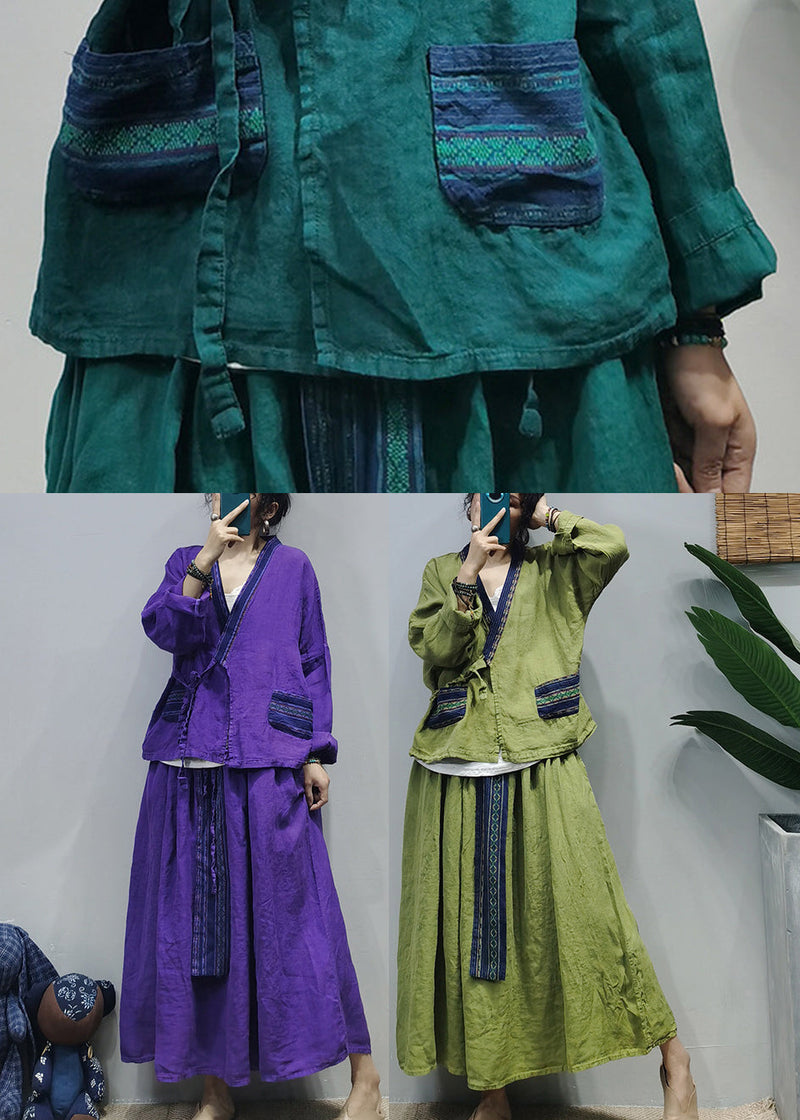 Green V Neck Linen Shirt Top Loose Skirt Sets Two Pieces Long Sleeve