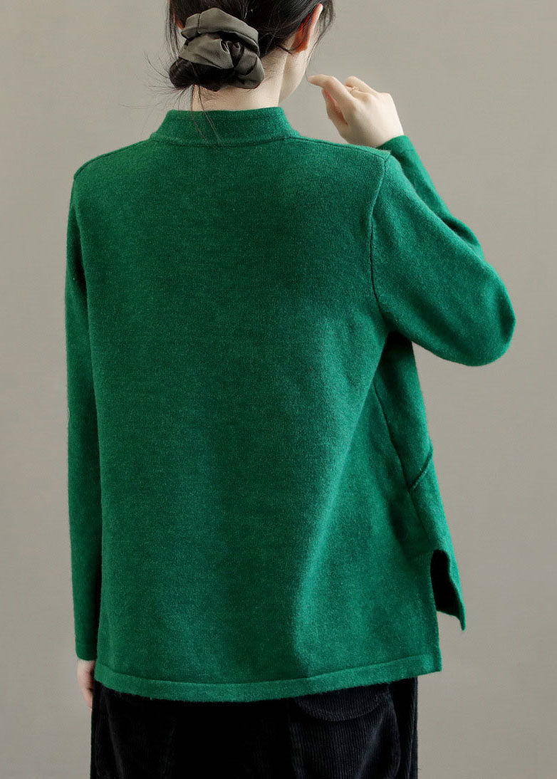 Beige Stand Collar Embroideried Chinese Style Knit Tops Spring