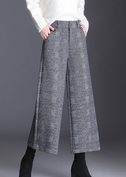 Italian Grey Plaid Pockets Straight Fall Pants