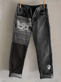 Comstylish Peeking Cat Striped Paw Print Embroidered Washed Jeans