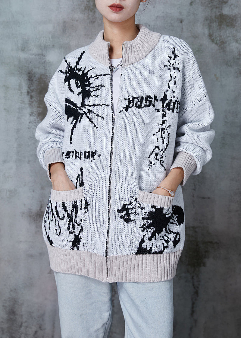 Grey Oversized Print Knit Cardigans Winter