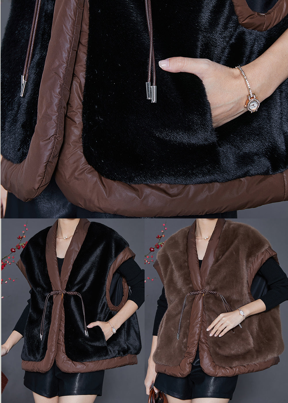 Black Chinese Button Patchwork Mink Velvet Vests Spring