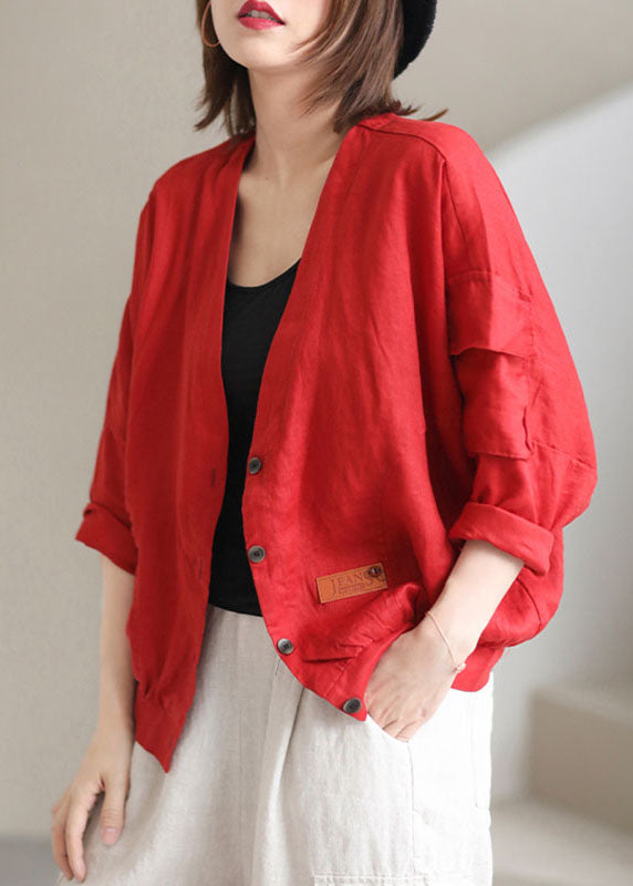 Red V Neck Pockets Fall Coats Long Sleeve