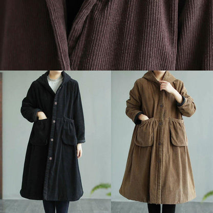 Modern Hooded Pockets Maxi Coat Khaki Daily Outwear