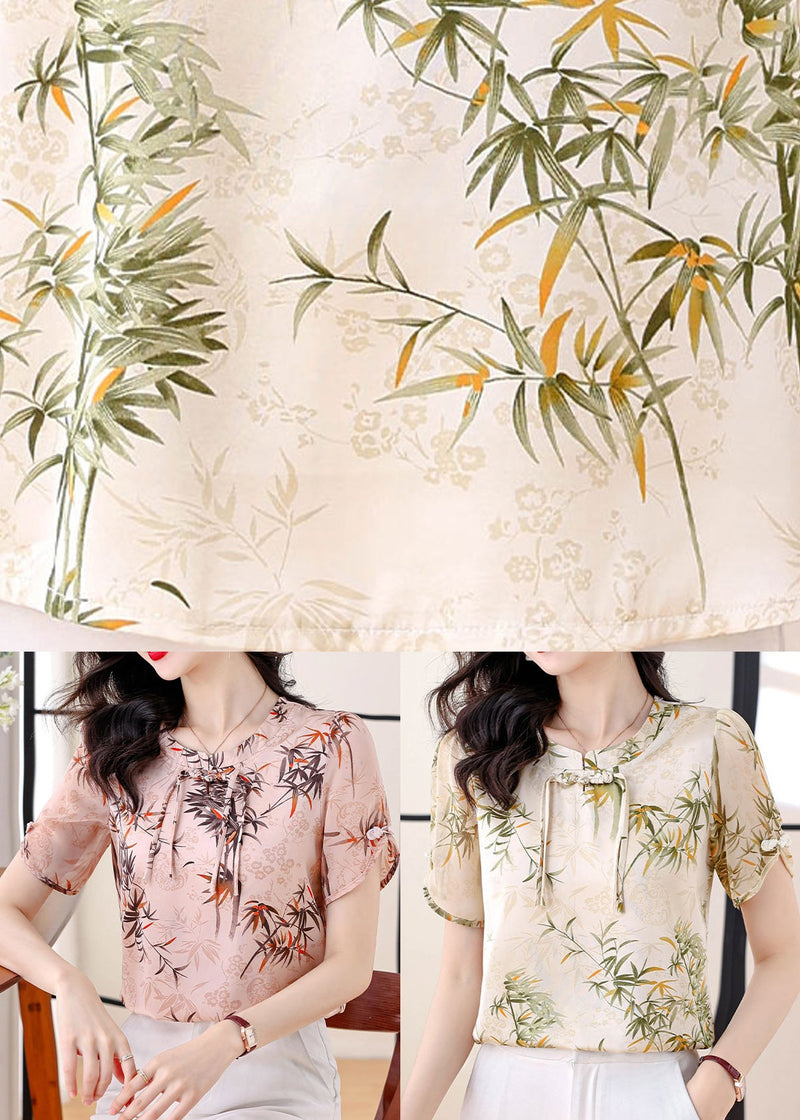 Green Tasseled Print Chiffon Blouse Top Summer