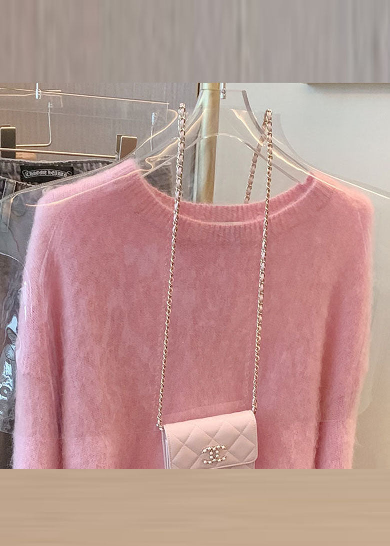 Pink O-neck Fuzzy Ball Decorated Warm Cotton Knit Sweaters Long Sleeve