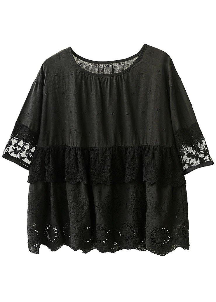 Black O-neck Lace Patchwork Fall Half Sleeve Blouse Tops