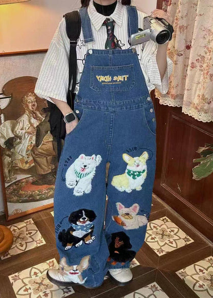 Fitted Blue Oversized Animals Denim Jumpsuit Summer