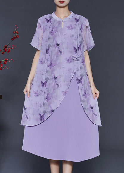 Purple Butterfly Chinese Button Chiffon Fake Two Piece Dresses Summer