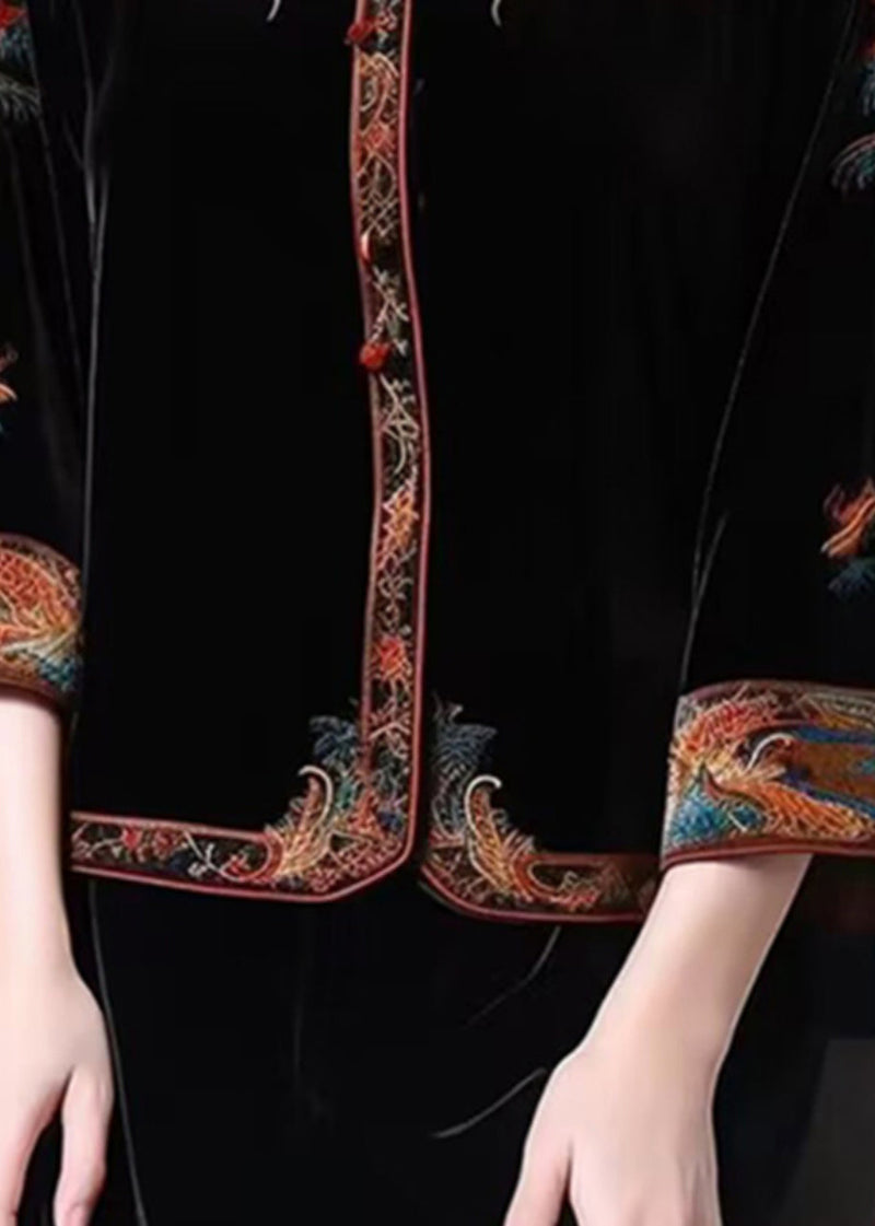 New Black Stand Collar Embroideried Patchwork Silk Velour Top Fall