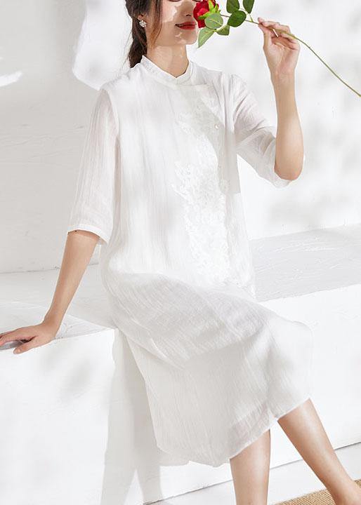 White Mandarin Collar Embroideried a Line Summer Ramie Holiday Dress Half Sleeve