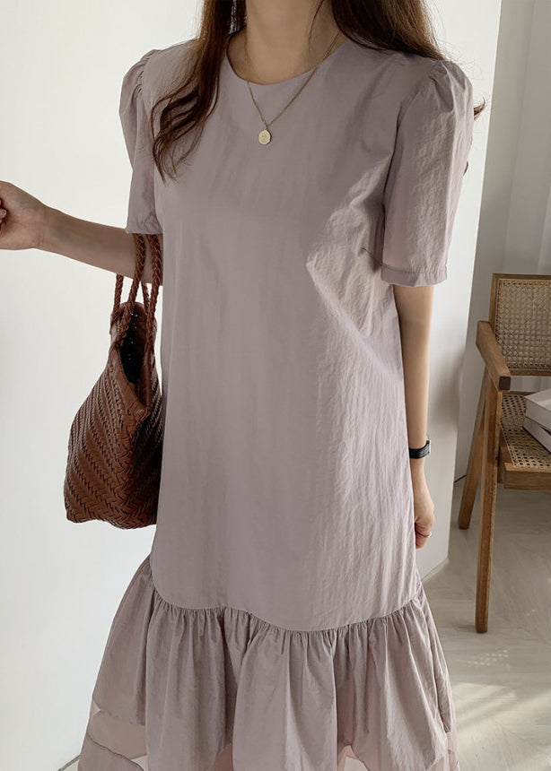 Classy Champagne O-neck Wrinkled Tulle Patchwork Maxi Dress Short Sleeve