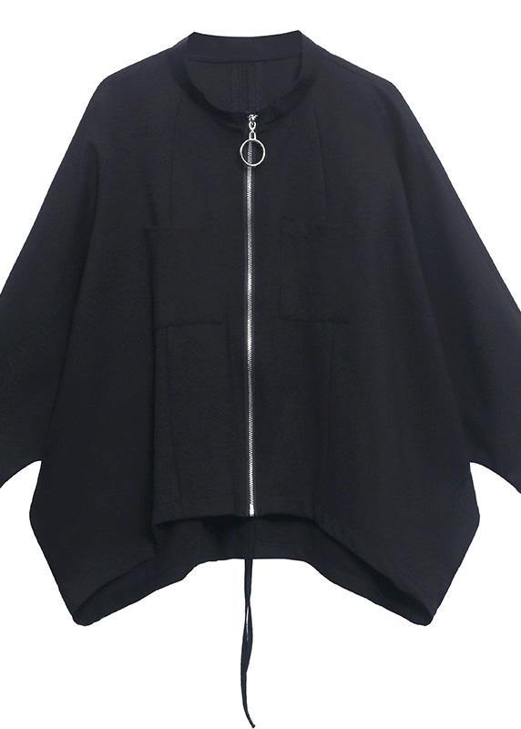Loose Black Pockets Zippered Jackets Spring