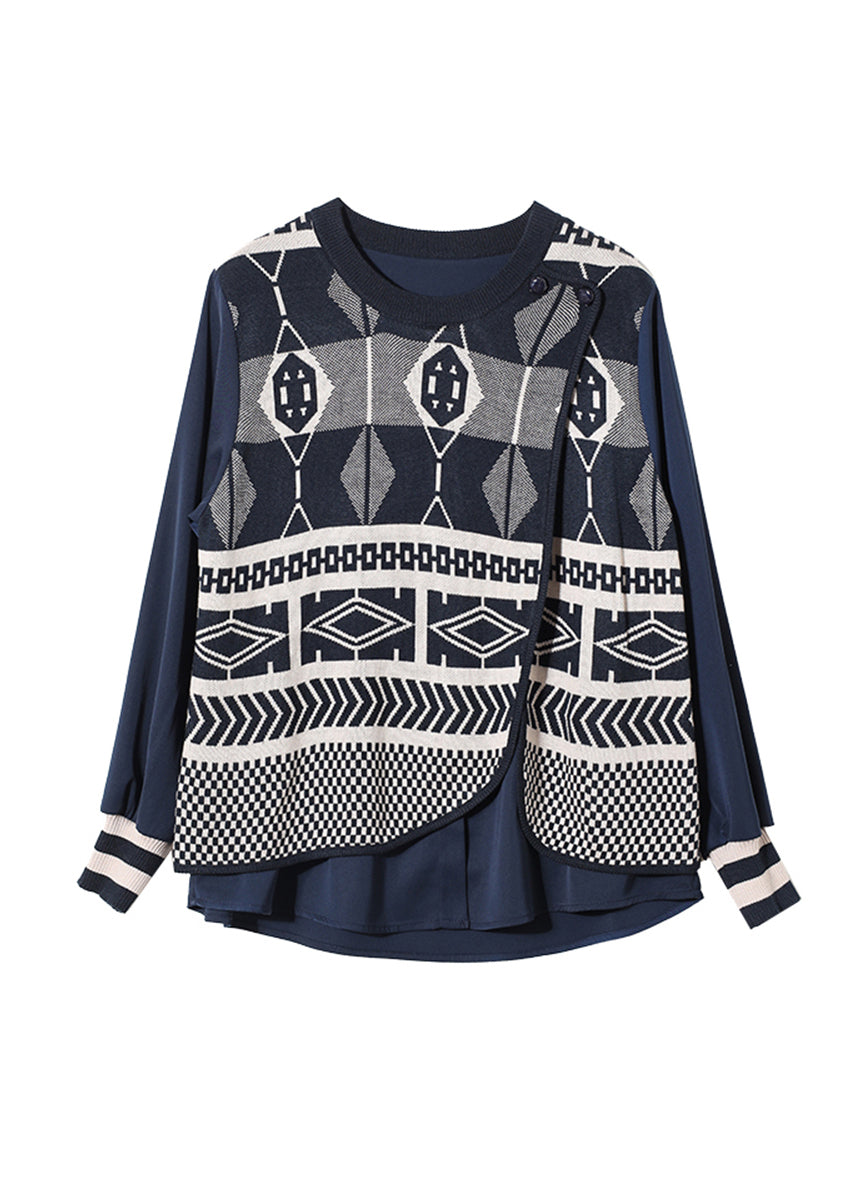 Blue O Neck False Two Pieces Patchwork Knit Top Fall