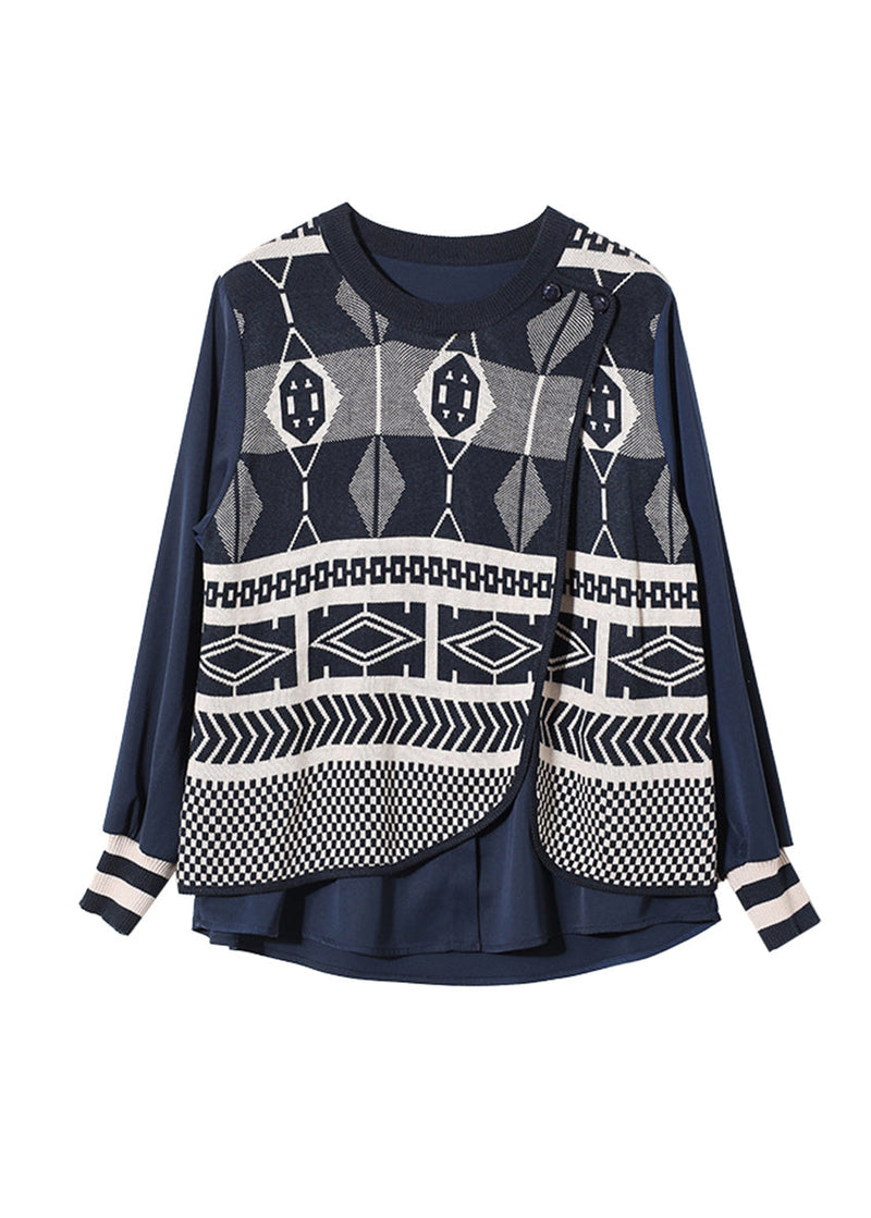 Blue O Neck False Two Pieces Patchwork Knit Top Fall