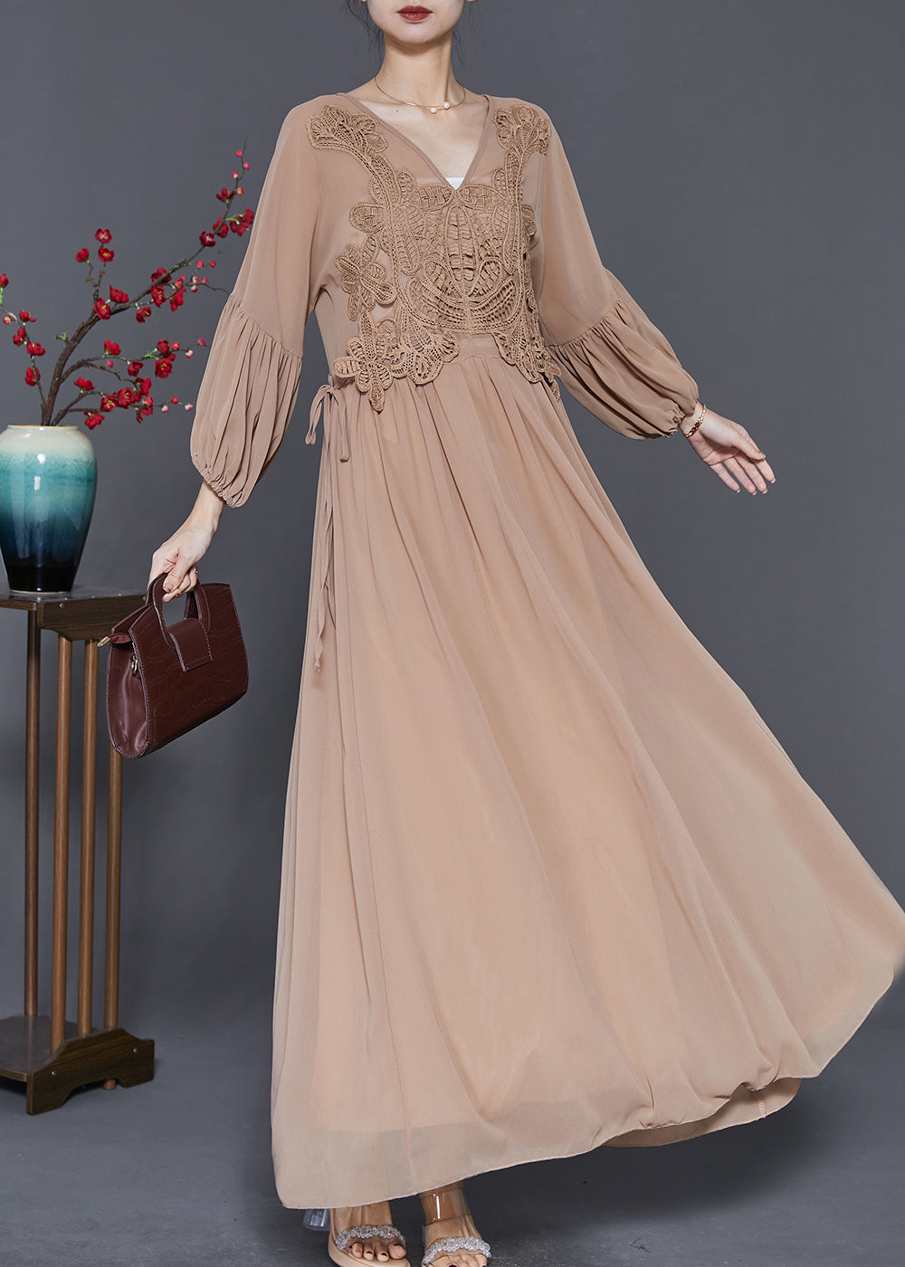 Coffee Lace Patchwork Tie Waist Chiffon Dresses Spring