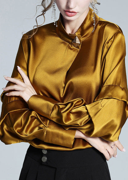 Yellow Stand Collar Silk Top Lantern Sleeve