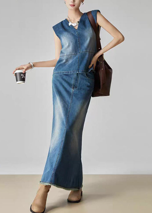 Handmade Denim Blue Patchwork Top and Jeans Two Piece Set Summer