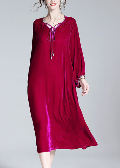 Handmade Red V Neck Neck Tie Velour Maxi Dress Spring