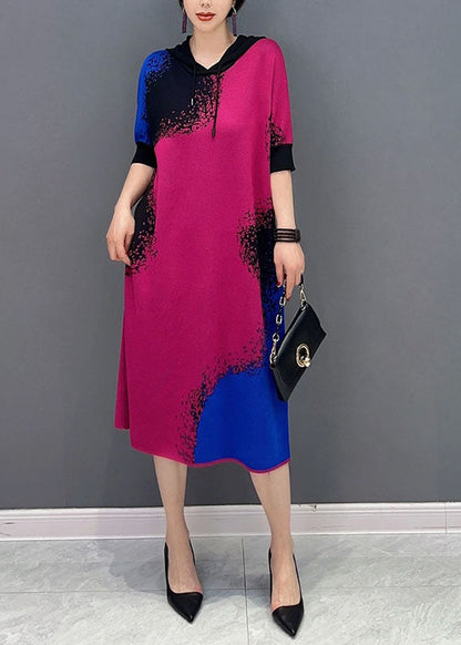 Diy Colorblock Hooded Print Knit Maxi Dresses Half Sleeve