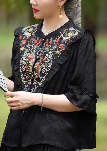 Black Ruffled Embroideried Patchwork Silk Tops Half Sleeve